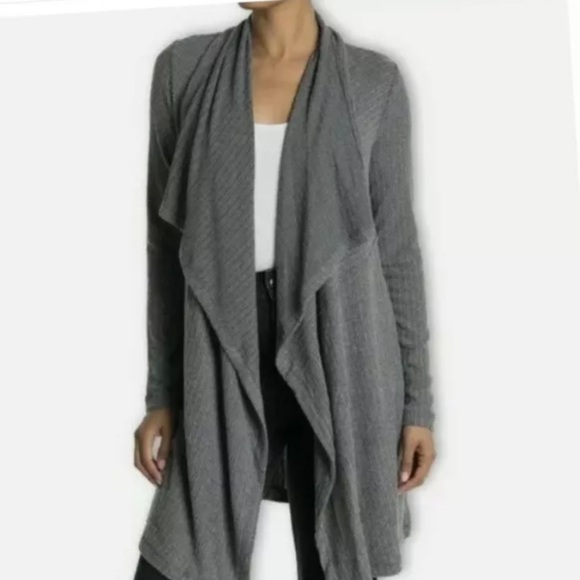 H By Bordeaux Grey Mix Rib Cozy waterfall Cardigan Long Sleeves Open front  S - Picture 1 of 6